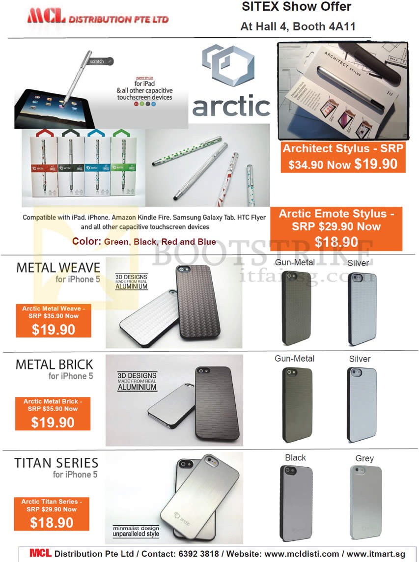 SITEX 2012 price list image brochure of MCL Distribution Arctic Architect Stylus, Arctic Emote Stylus, Metal Weave IPhone 5 Case, Brick, Titan