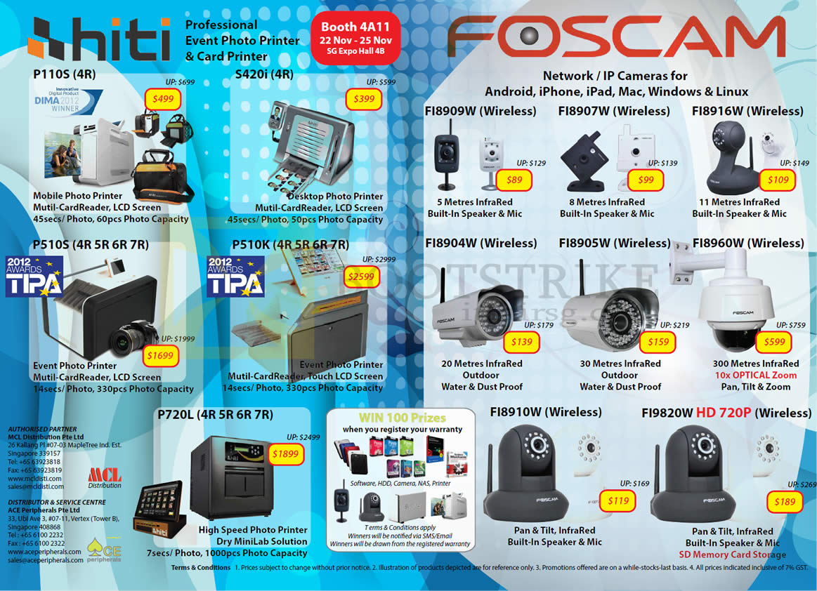 SITEX 2012 price list image brochure of MCL Distribution Foscam Network IPCam FI8909W FI8907W FI8916W FI8910W FI9820W, Hiti Photo Card Printer P110S S420i P510S P510K P720L