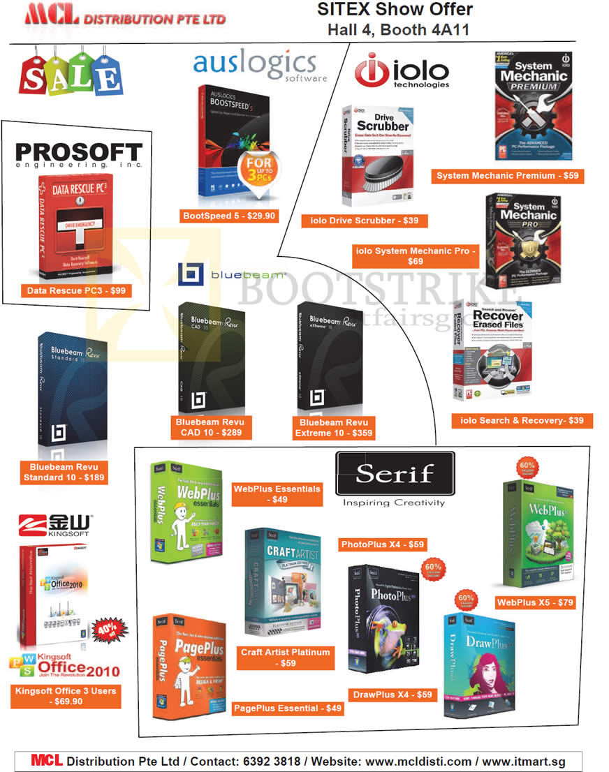 SITEX 2012 price list image brochure of MCL Distribution Software Auslogics, Prosoft, Iolo, Bluebeam, Serif, Kingsoft Office 2010
