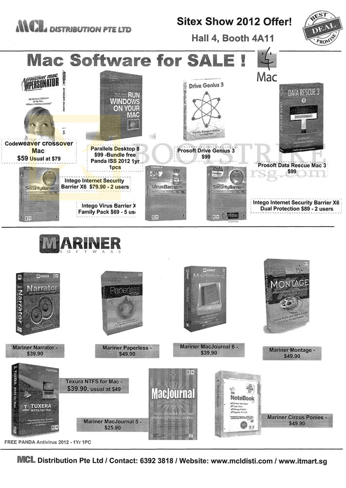 SITEX 2012 price list image brochure of MCL Distribution Software Parallels Desktop 8, Codeweaver, Intego, Prosoft Data Rescue, Mariner