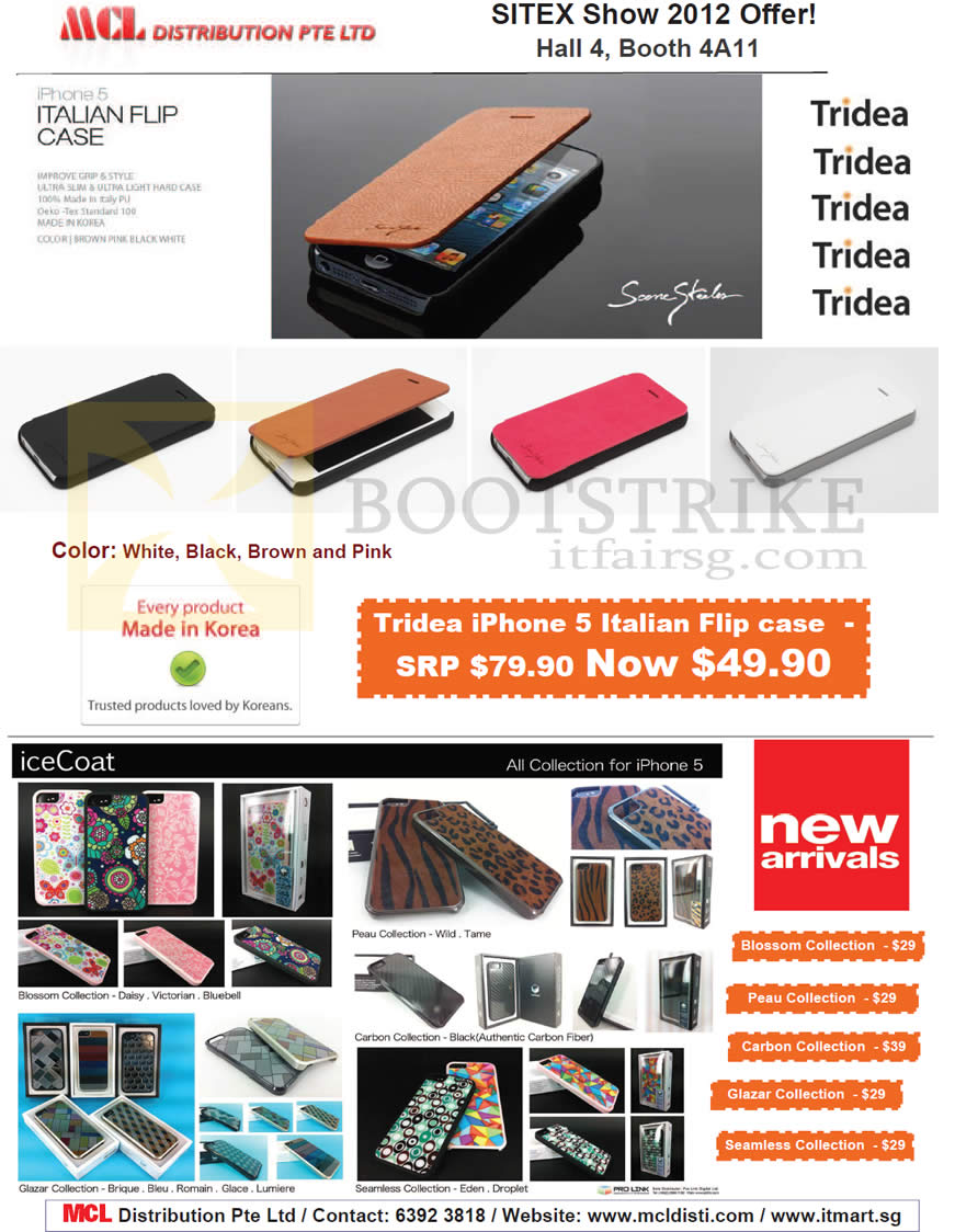 SITEX 2012 price list image brochure of MCL Distribution Tridea IPhone 5 Italian Flip Case, IceCoat Blossom, Peau, Carbon, Glazar, Seamless