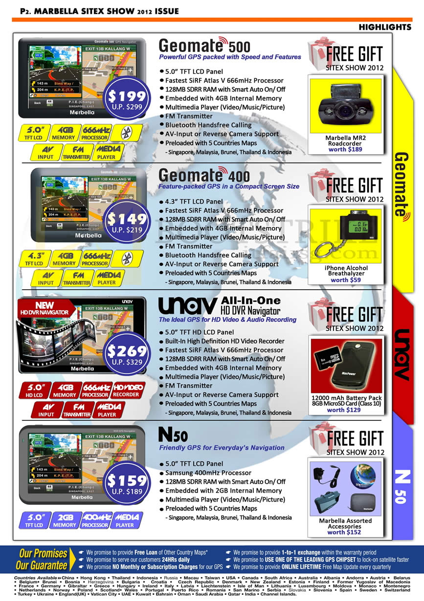 SITEX 2012 price list image brochure of Maka GPS Marbella Geomate 500, 400, Unav HD DVR Navigator, N50