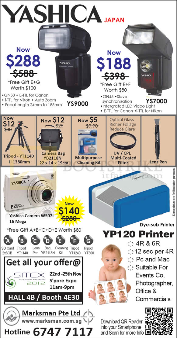 SITEX 2012 price list image brochure of Marksman Yashica Digital Camera W507L, Flash YS9000 YS7000, Tripod, Camera Bag, YP120 Printer