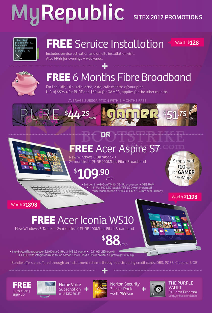 SITEX 2012 price list image brochure of MyRepublic Fibre Broadband Free Gifts, Fixed Line, Norton Security, Purple Vault