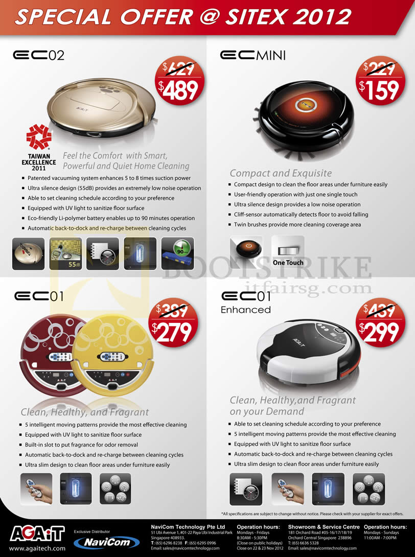 SITEX 2012 price list image brochure of Navicom Agait E-Clean Robotic Vacuum Cleaner EC02, EC01, Enhanced, Mini Features Price