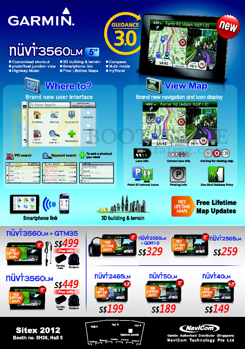 SITEX 2012 price list image brochure of Navicom Garmin GPS Navigator Nuvi 3560LM, 3560LM, 2565LM, 2465LM, 50LM, 40LM