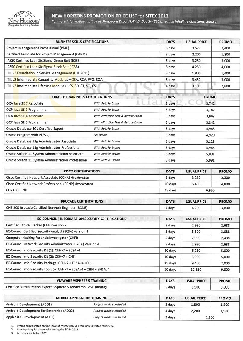 SITEX 2012 price list image brochure of New Horizons Training Project Management PMP, CAPM, IASSC, ITIL V3, Oracle, Cisco CCNA CCNP, Brocade BCNE, Vmware VSphere, Android, Apple