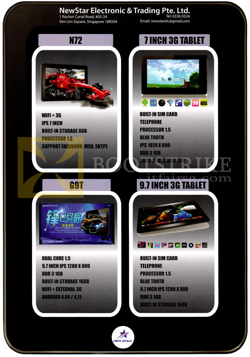 SITEX 2012 price list image brochure of NewStar Electronics Tablets N72, 7 Inch 3G, G9T, 9.7 Inch 3G