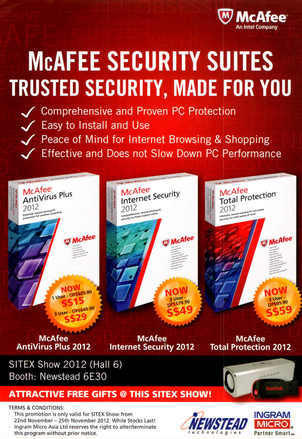 SITEX 2012 price list image brochure of Newstead McAfee Antivirus Plus 2012, Internet Security, Total Protection