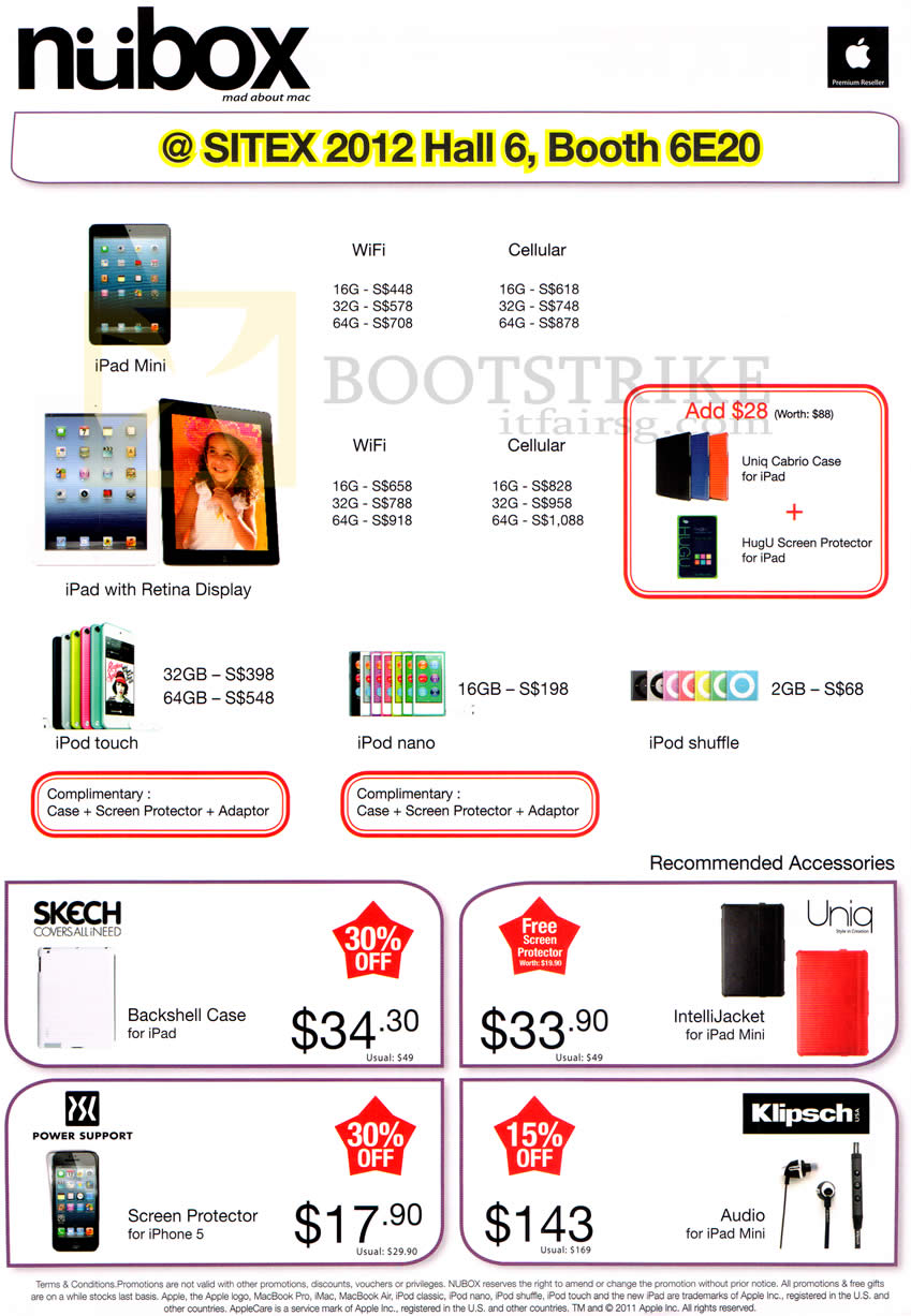 SITEX 2012 price list image brochure of Nubox Apple IPad Mini, IPad 4 Retina Display, IPod Touch, IPod Nano, IPod Shuffle, Skech Case, Uniq, Klipsch