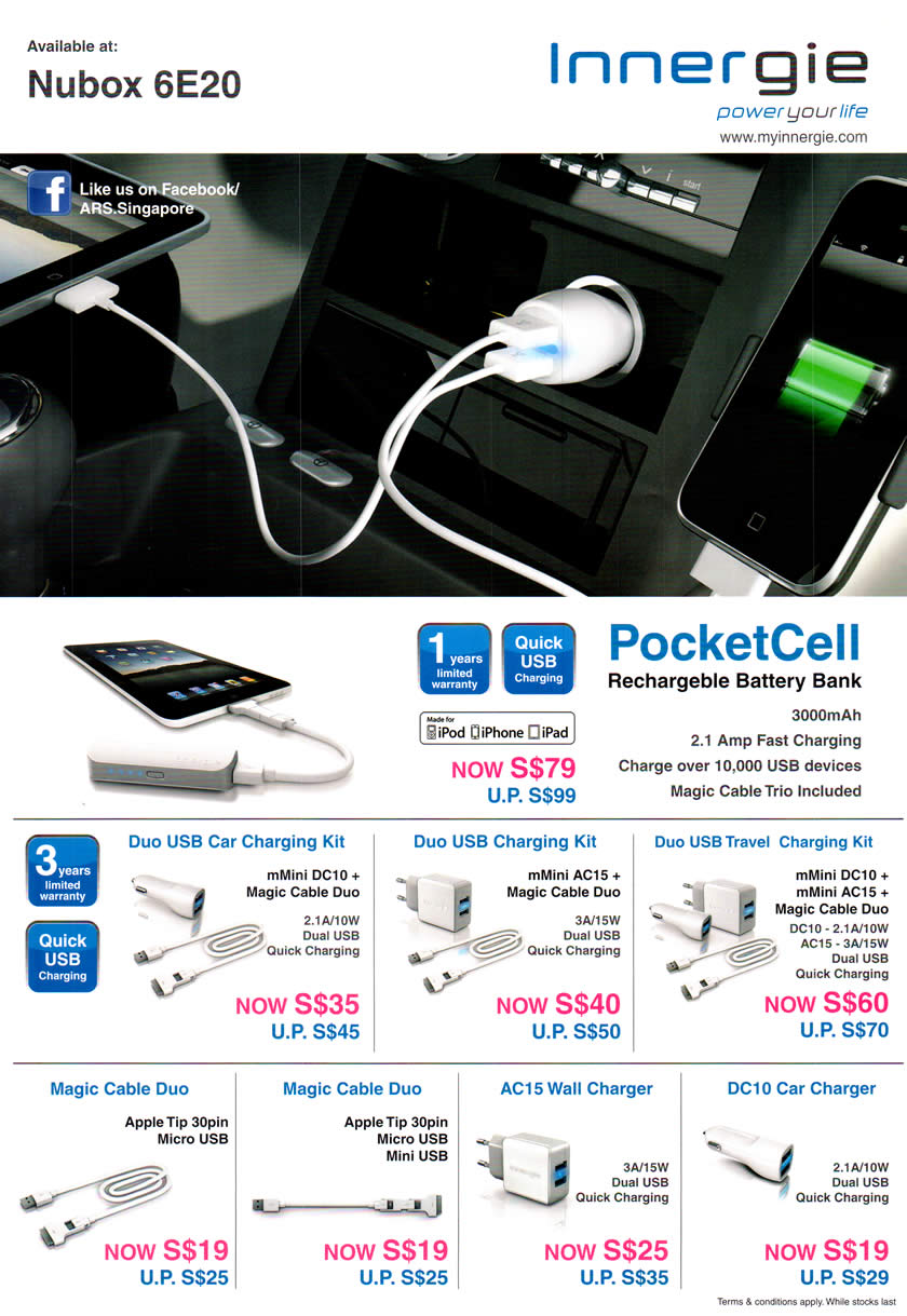 SITEX 2012 price list image brochure of Nubox Innergie PocketCell External Battery, Duo USB Charging Kit, Accessories