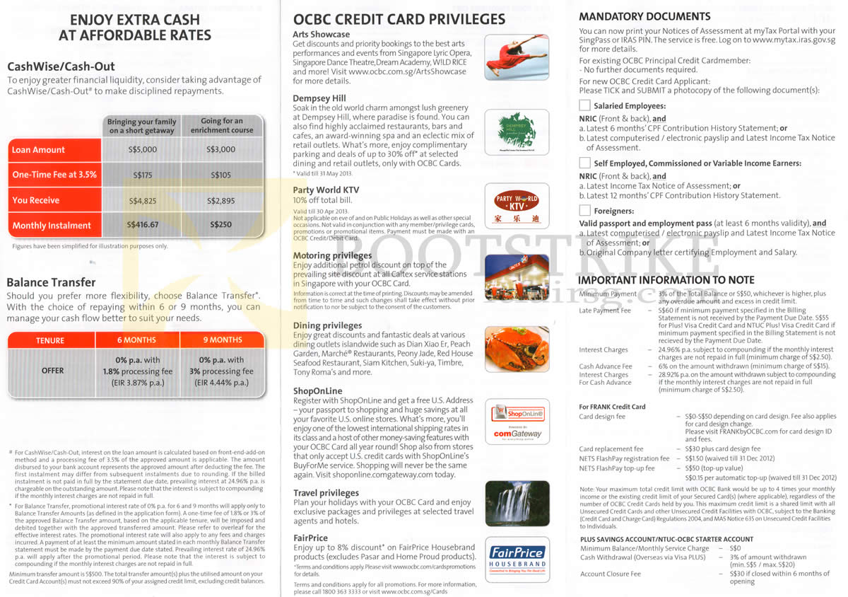 SITEX 2012 price list image brochure of OCBC Credit Card Privileges, CashWise, Mandatory Documents, Balance Transfer