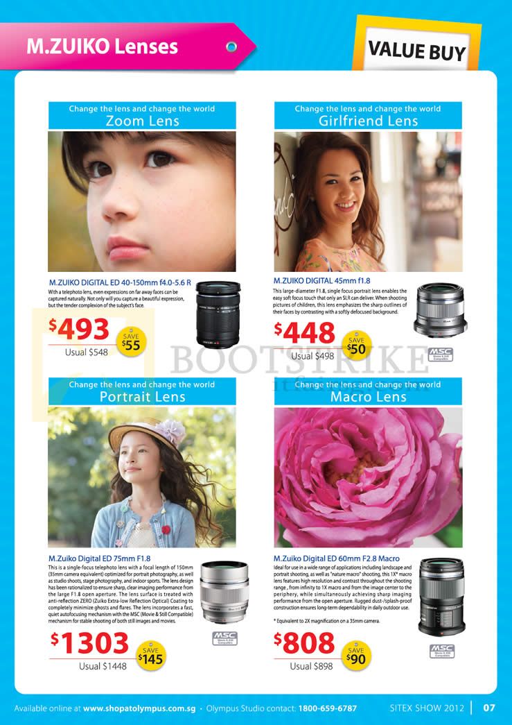 SITEX 2012 price list image brochure of Olympus Digital Camera M.Zuiko Lenses, Digital ED 40-150mm, 45mm, 75mm, 60mm