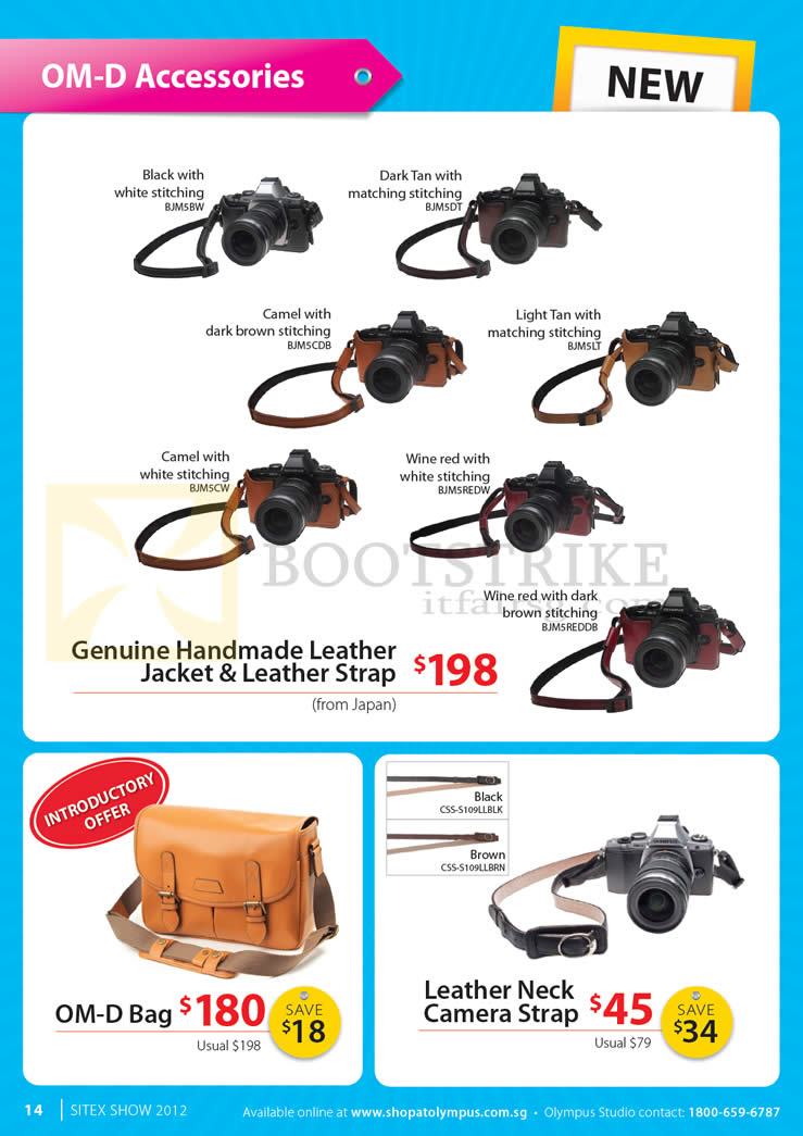 SITEX 2012 price list image brochure of Olympus Digital Camera OM-D Accessories Bag, Leather Neck Camera Strap, Jacket
