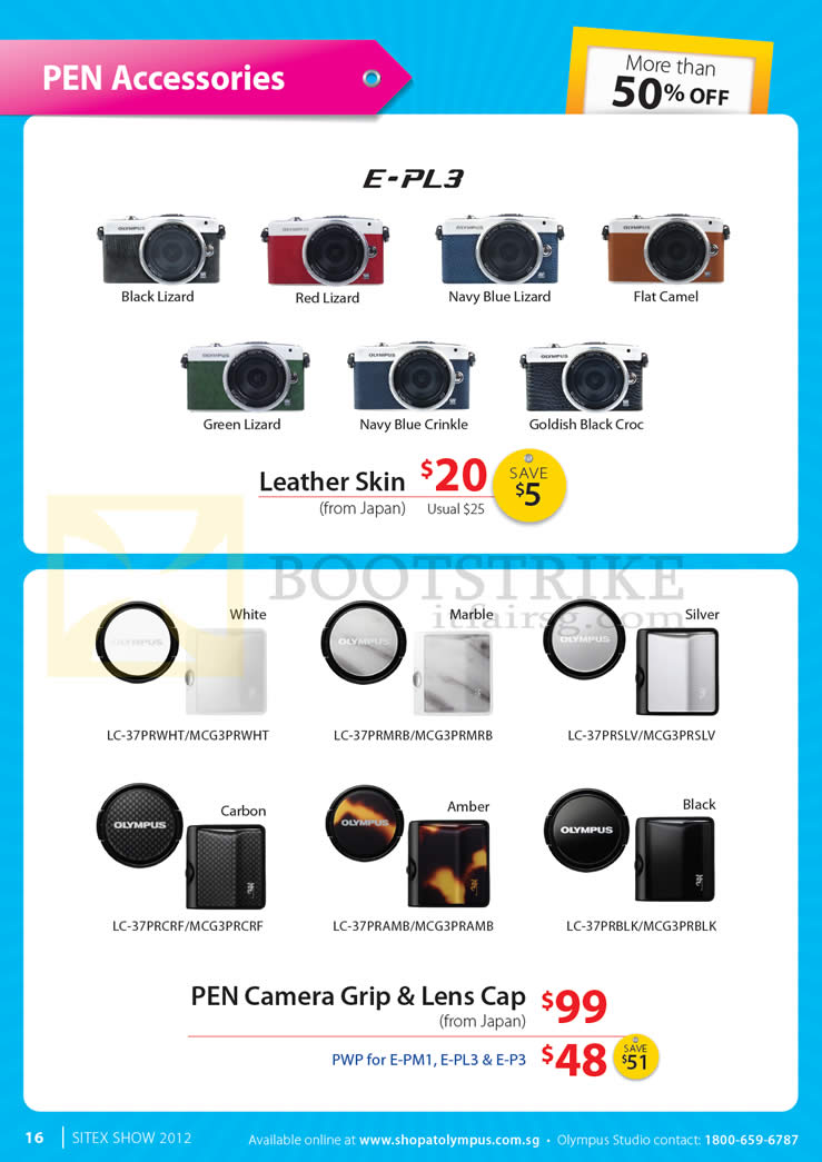 SITEX 2012 price list image brochure of Olympus Digital Camera Pen Accessories E-PL3 Leather Skin, Camera Grip, Lens Cap