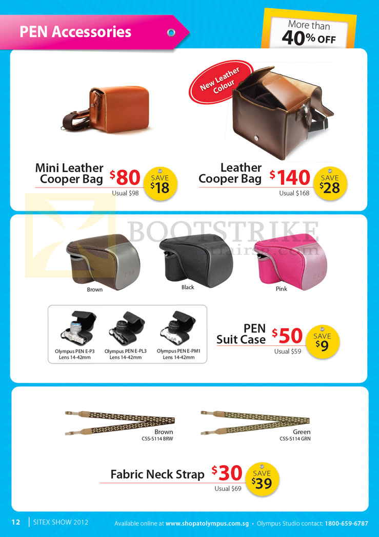 SITEX 2012 price list image brochure of Olympus Digital Camera Pen Accessories Mini Leather Cooper Bag, Suit Case, Fabric Neck Strap