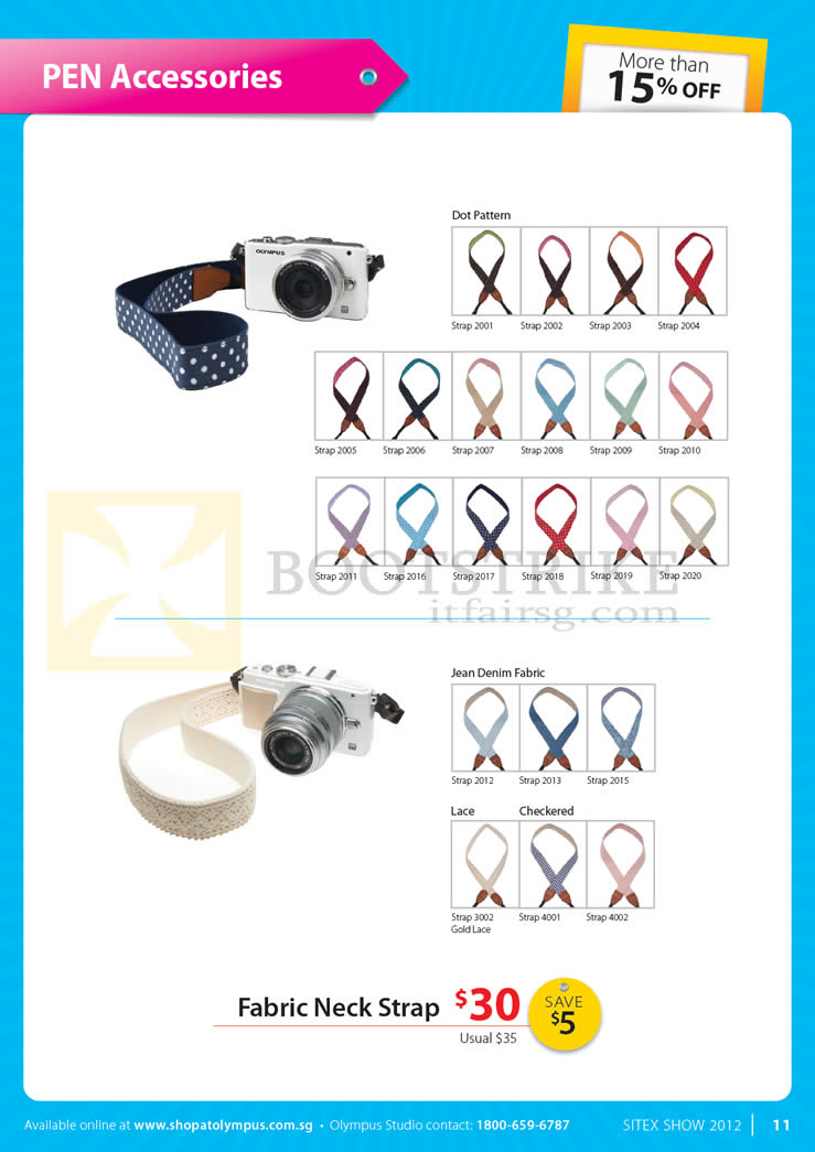 SITEX 2012 price list image brochure of Olympus Digital Camera Pen Accessories, Neck Strap, Dot Pattern, Jean Denim Fabric, Lace, Checkered