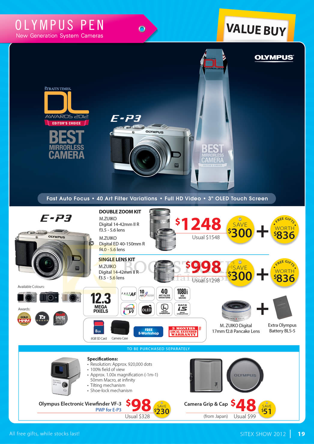 SITEX 2012 price list image brochure of Olympus Digital Camera Pen E-P3, Specifications, Double Zoom Kit, Single Lens Kit, Camera Grip, Cap