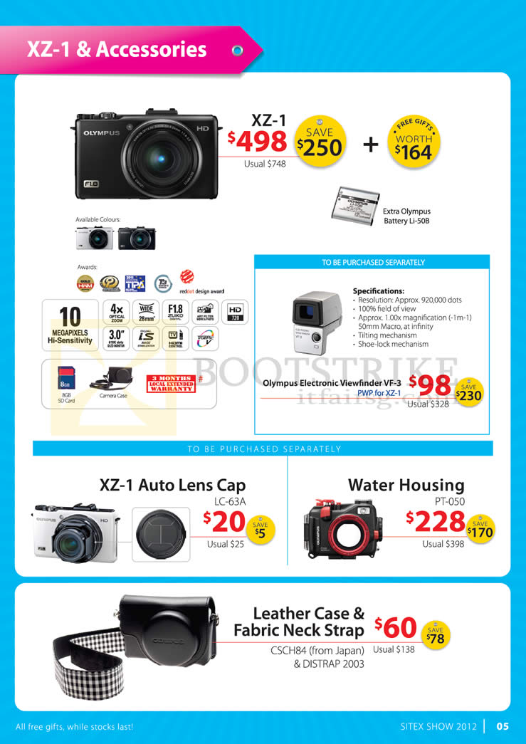 SITEX 2012 price list image brochure of Olympus Digital Camera XZ-1 Accessories, Auto Lens Cap, Water Housing, Leather Case, Fabric Neck Strap