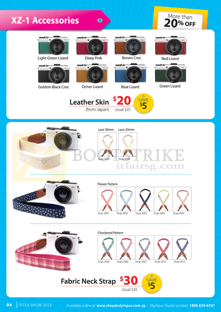 SITEX 2012 price list image brochure of Olympus Digital Camera XZ-1 Accessories, Leather Skin, Fabric Neck Strap