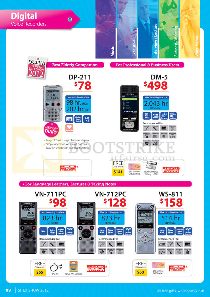 SITEX 2012 price list image brochure of Olympus Digital Voice Recorders DP-211, DM-5, VN-711PC, VN-712PC, WS-811