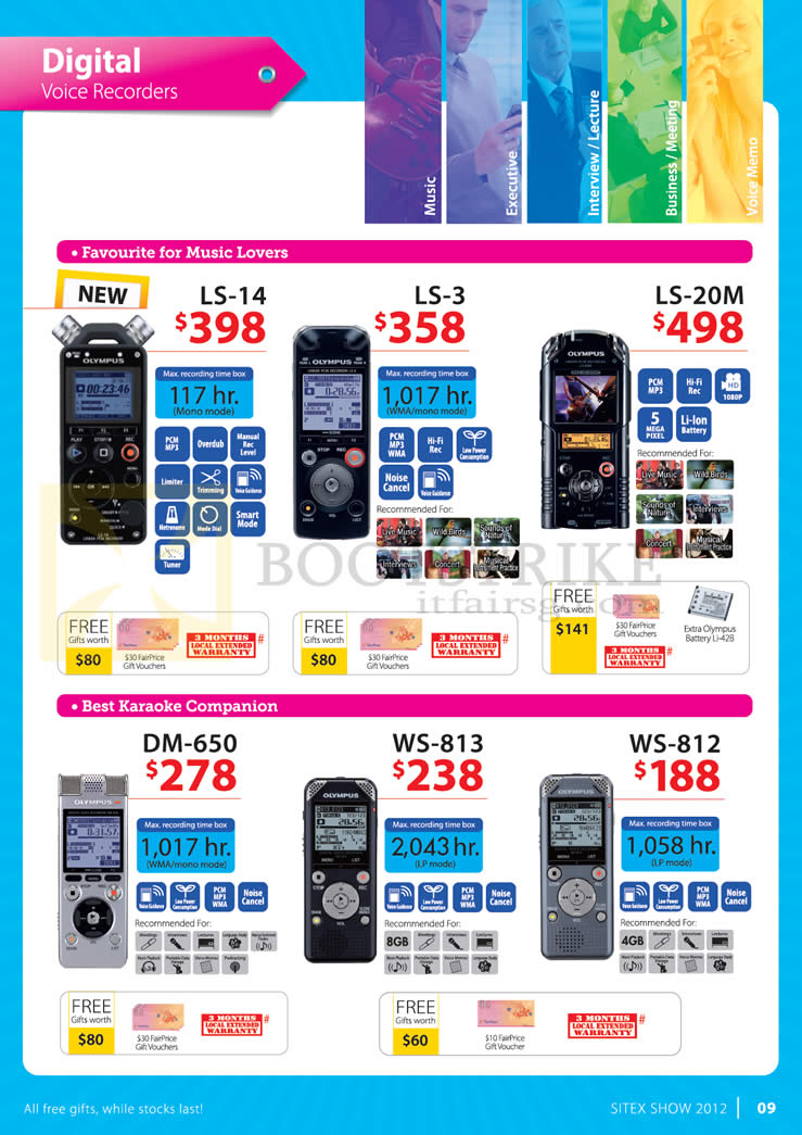 SITEX 2012 price list image brochure of Olympus Digital Voice Recorders Ls-14, LS-3, Ls-20M, DM-650, WS-812, WS-813