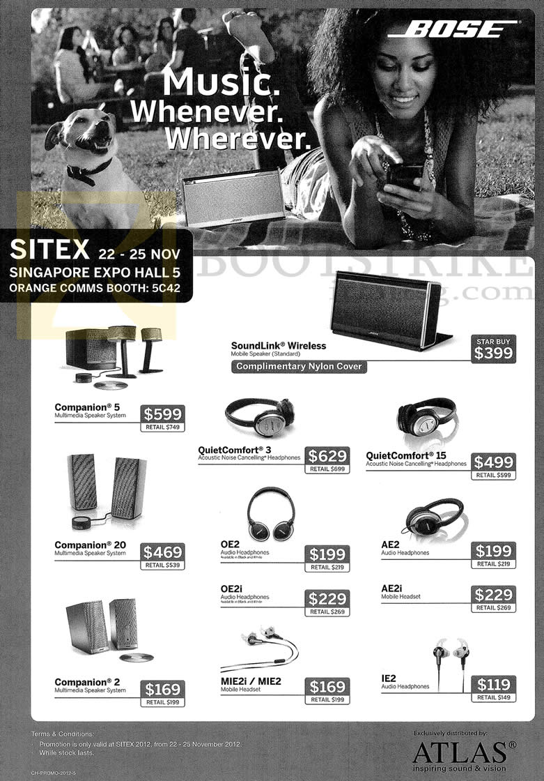 SITEX 2012 price list image brochure of Orange Comms Bose Speakers Companion 5, 20, 2, Soundlink Wireless, QuietComfort 3 Headphones, 15, OE2 OE2i AE2 AE2i, Earphones MIE2i MIE2 IE2