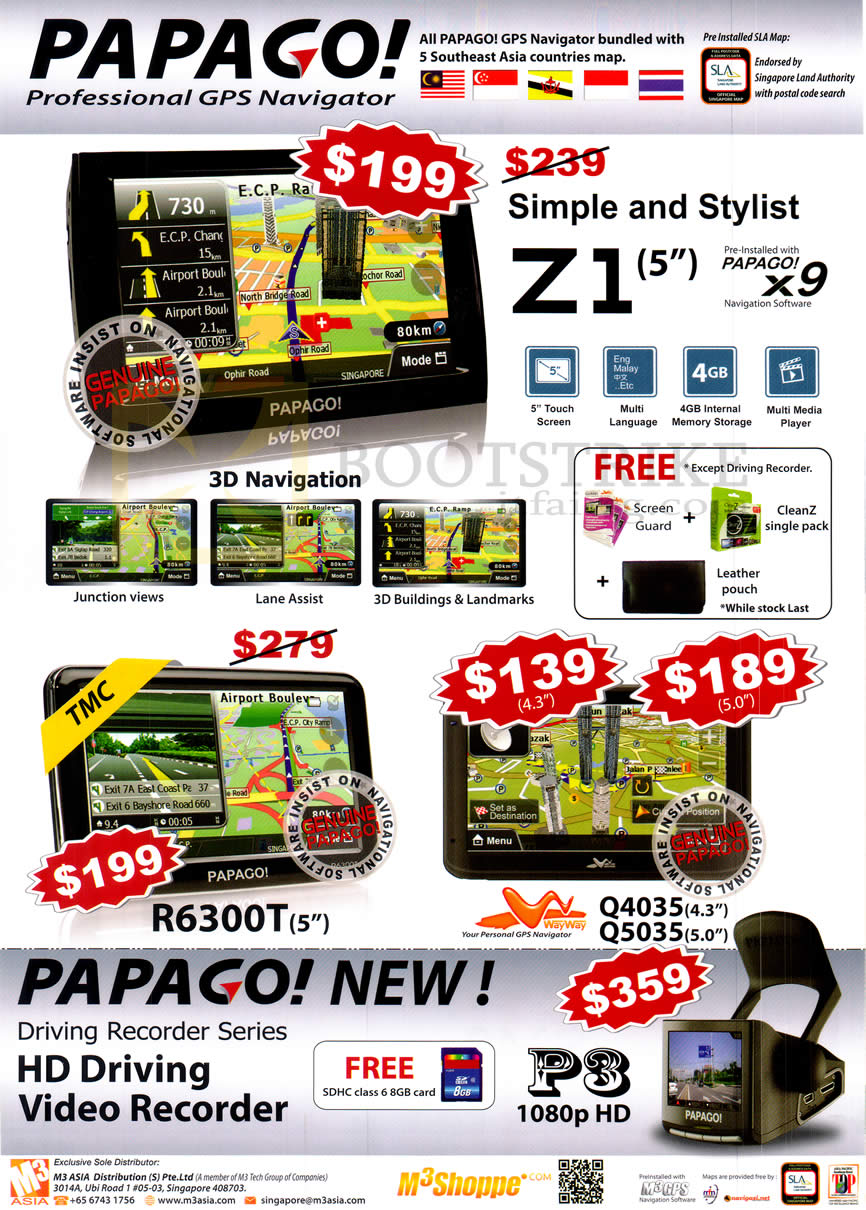SITEX 2012 price list image brochure of Papago GPS Navigator Z1, R6300T, Q4035, Q5035, Driving Video Recorder Blackbox
