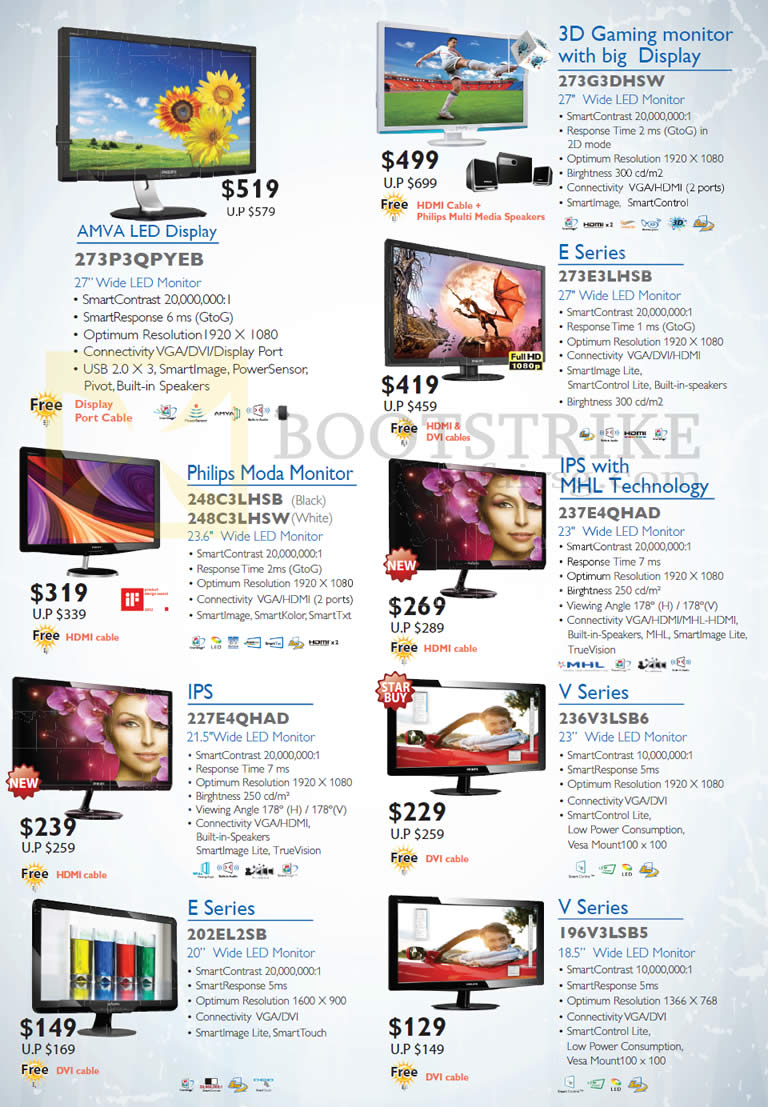 SITEX 2012 price list image brochure of Philips Monitors LED 273P3QPYEB, 273G3DHSW, 273E3LHSB, 248C3LHSB, 237E4QHAD, 227E4QHAD, 196V3LSB5, 202EL2SB, 236V3LSB6
