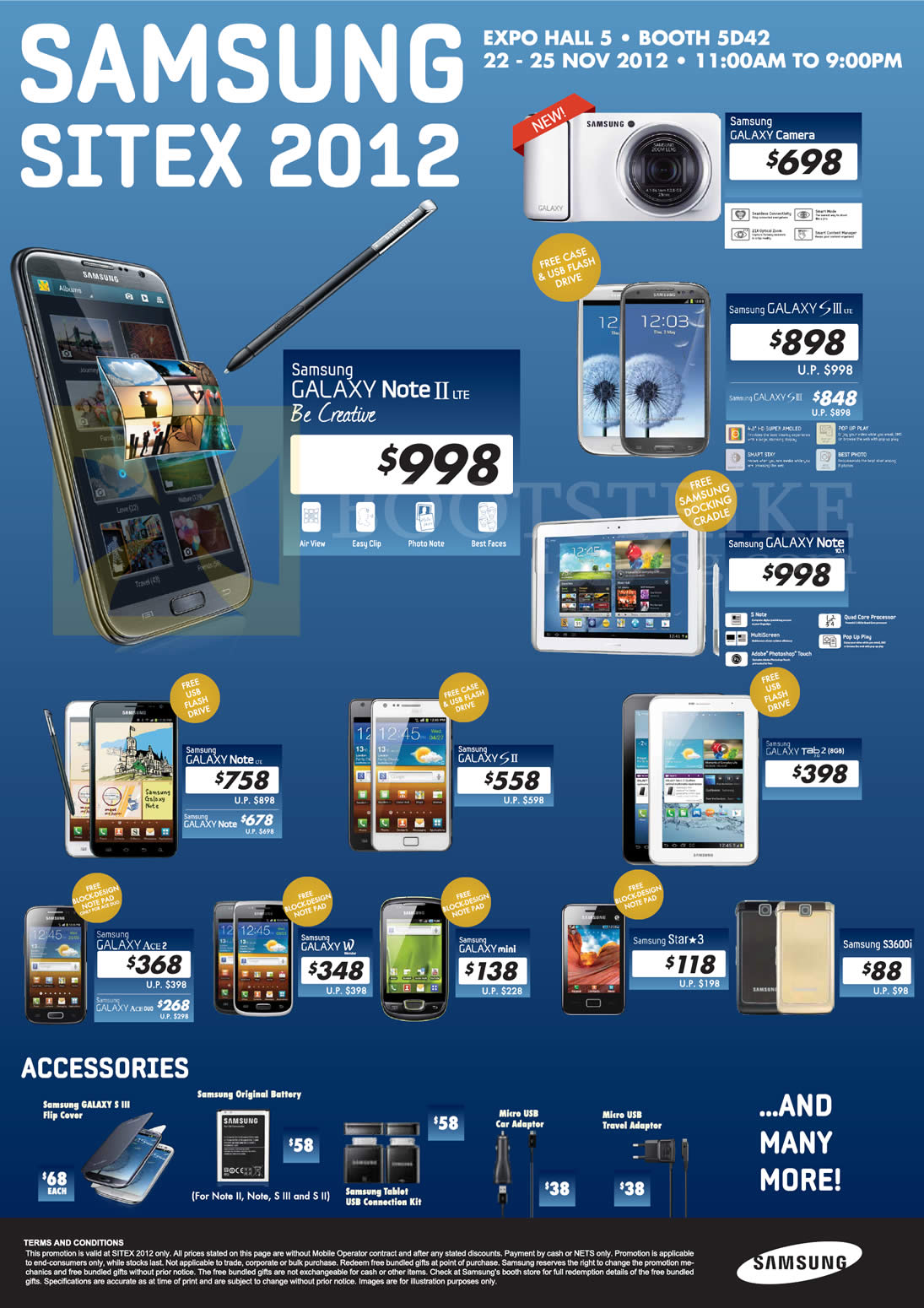 SITEX 2012 price list image brochure of Planet Telecoms Samsung Mobile Phones Galaxy Camera, S III LTE, Note II LTE, Note 10.1, Note LTE, S II, Tab 2 7.0, Ace 2, W, Mini, Star 3, S3600i, Accessories