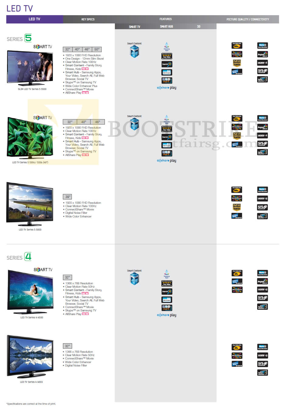 SITEX 2012 price list image brochure of Samsung Courts LED TV Series 5, 4 Comparison Table