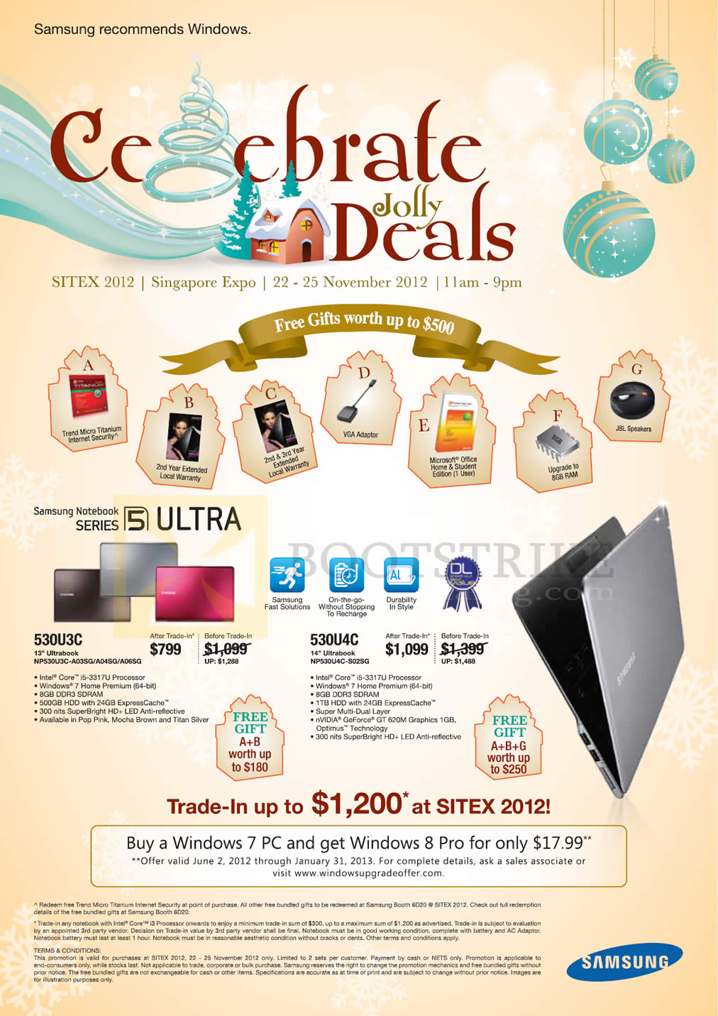 SITEX 2012 price list image brochure of Samsung Notebooks Ultrabook Series 5 NP530U3C-A03SG A04SG A06SG, NP530U4C-S02SG, Trade In