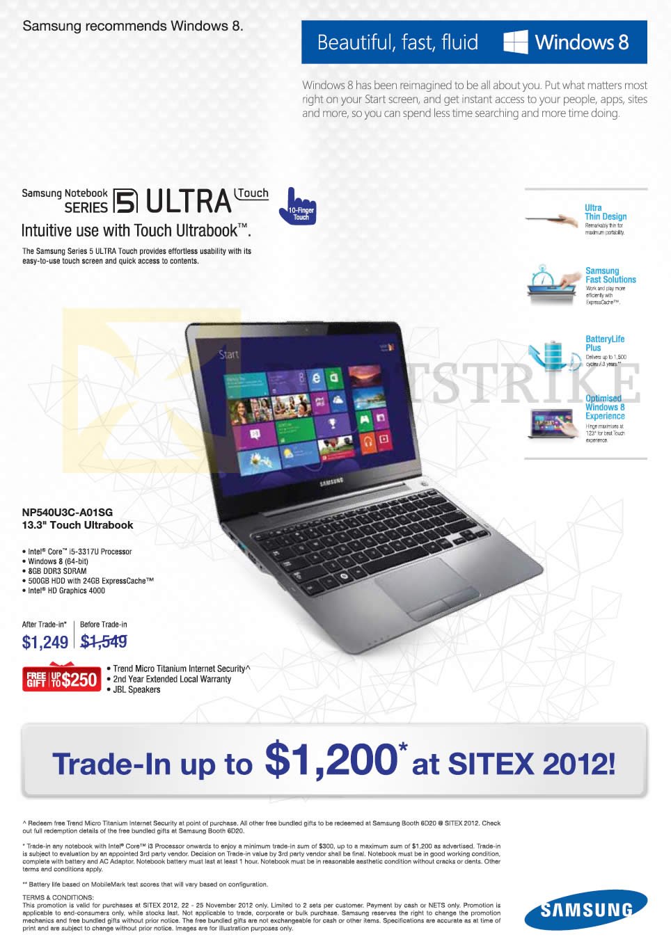 SITEX 2012 price list image brochure of Samsung Notebooks Ultrabook Series 5 NP540U3C-A01SG