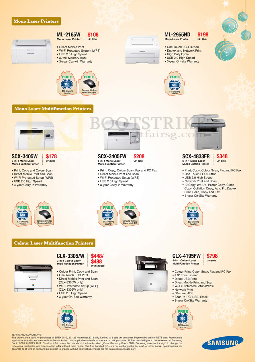 SITEX 2012 price list image brochure of Samsung Printers Laser ML-2165W 2955ND, SCX 3405W 3405FW 4833FR, CLX 3305 W 4195FW