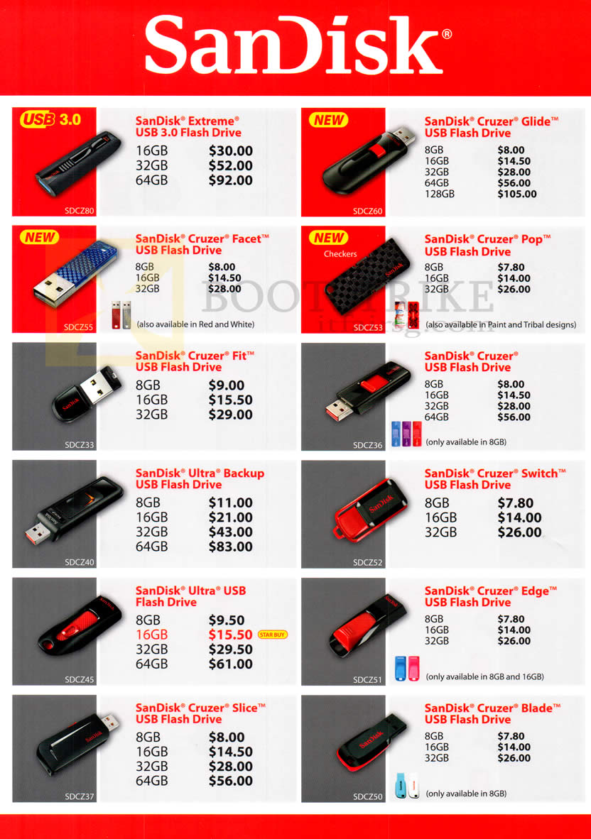 SITEX 2012 price list image brochure of Sandisk Flash USB Drives Extreme, Cruzer Glide, Facet, Pop, Fit, Ultra Backup, Switch, Ultra, Edge, Slice, Cruzer Blade