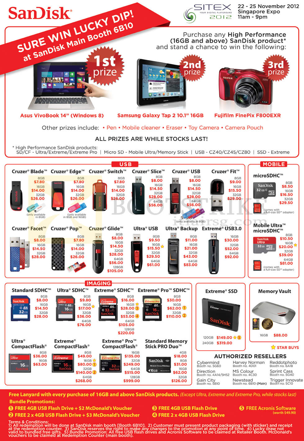 SITEX 2012 price list image brochure of Sandisk USB Flash Memory Cards, Cruzer Blade Edge Switch Slice Fit Facet Pop Glide Backup Extreme, MicroSDHC, CompactFlash CF, Memory Stick Pro Duo, SSD, Memory Vault