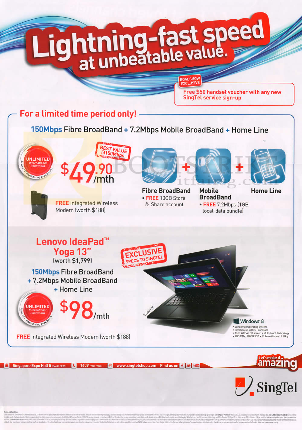 SITEX 2012 price list image brochure of Singtel Broadband Fibre 150Mbps, Free Lenovo IdeaPad Yoga 13 Notebook, Fixed Line, Mobile Broadband