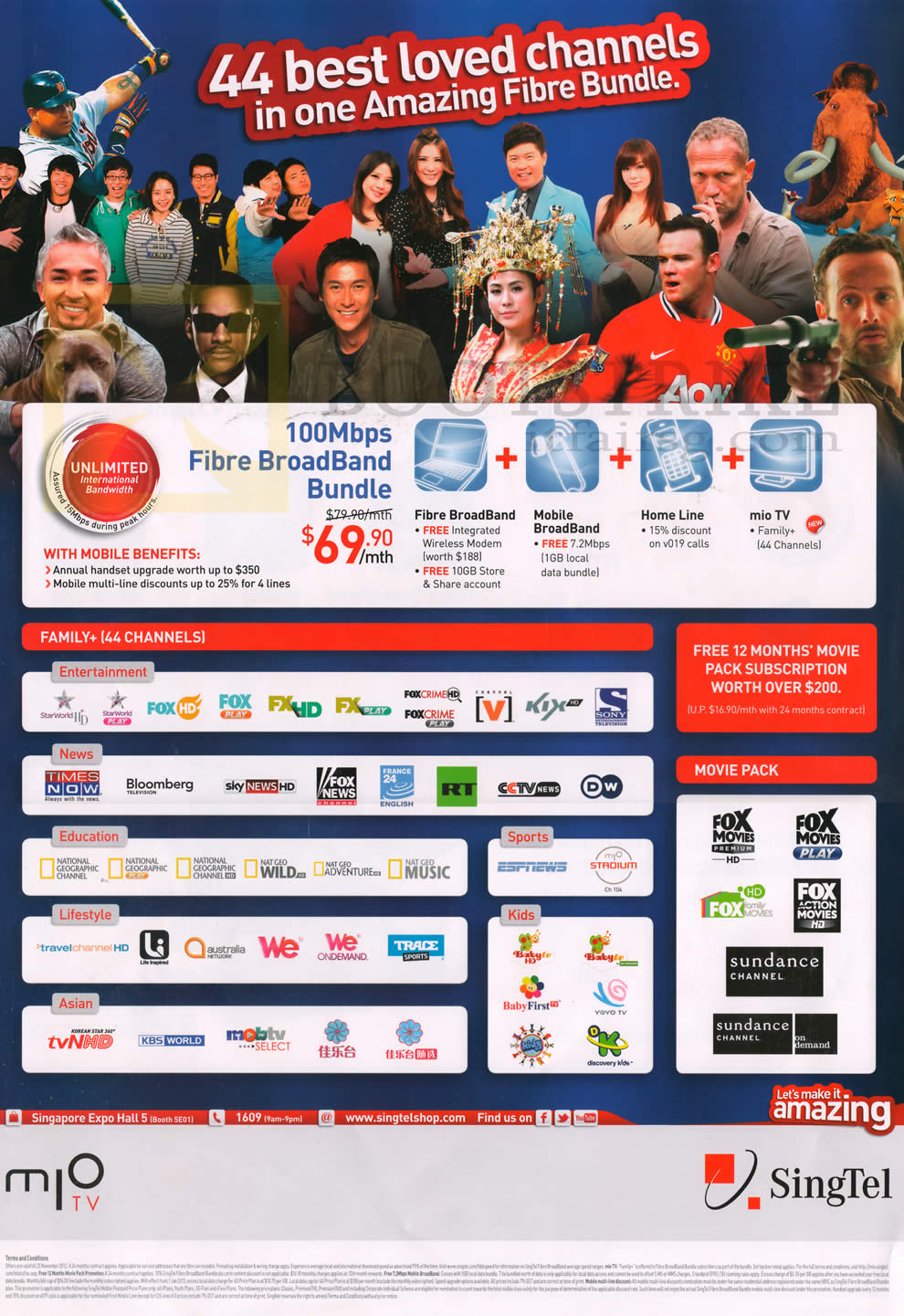 SITEX 2012 price list image brochure of Singtel Broadband Fibre Bundle, Fixed Line, Mio TV, Family Plus Channels, Movie Pack