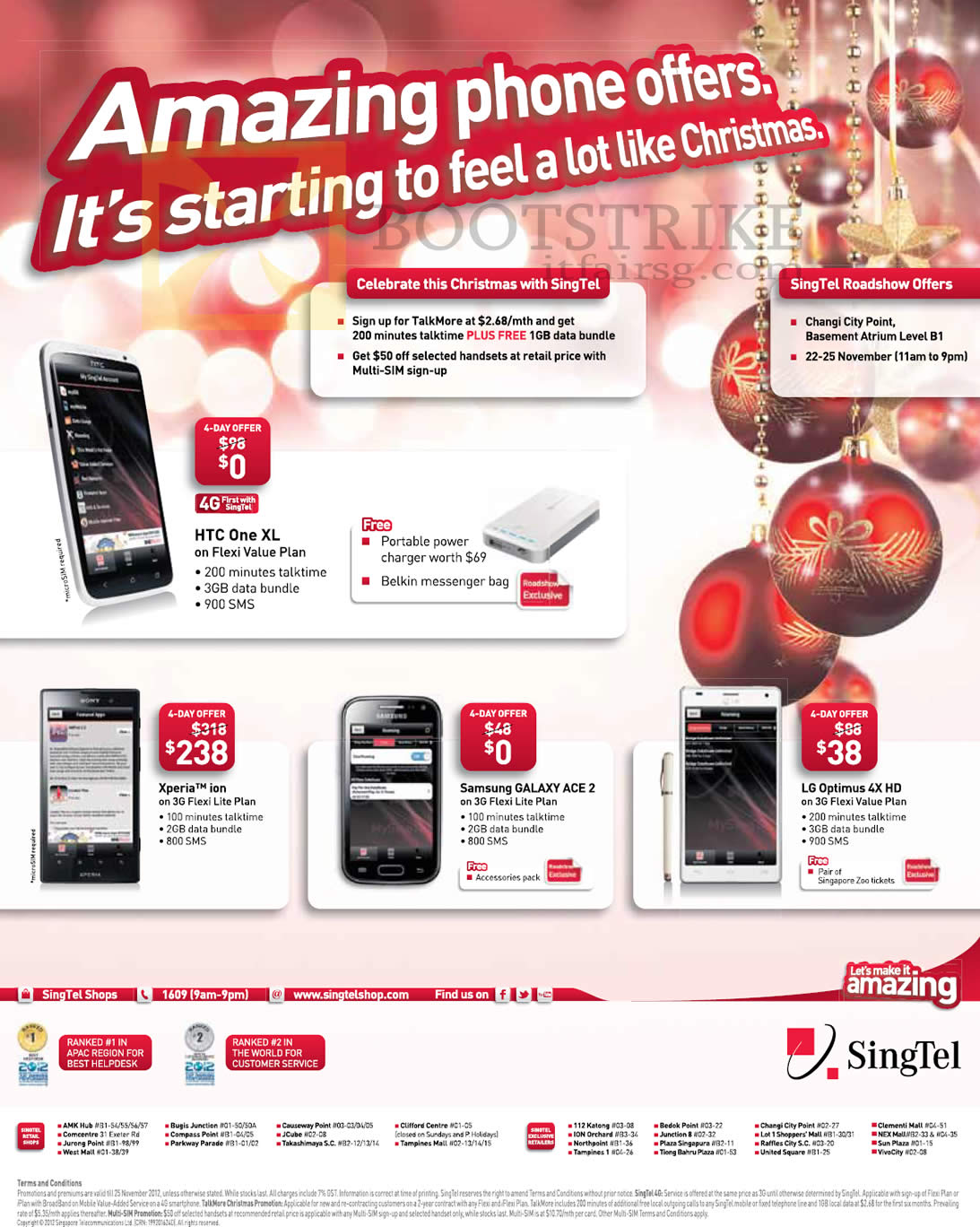 SITEX 2012 price list image brochure of Singtel Mobile Phones HTC One XL, Changi City Point, Sony Xperia Ion, Samsung Galaxy Ace 2, LG Optimus 4X HD