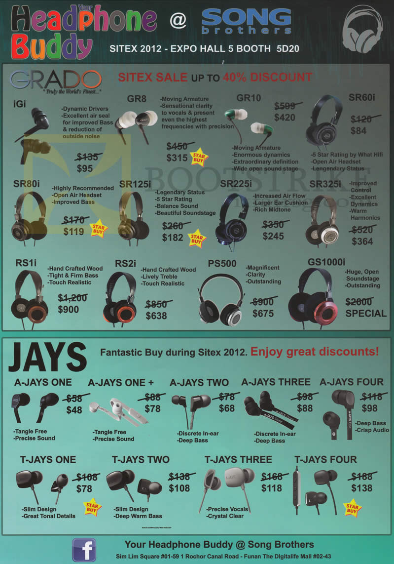 SITEX 2012 price list image brochure of Song Brothers Earphones Grado IGi GR8 GR10 SR60i SR80i SR125I SR225i SR325i RS1i RS2i PS500 GS1000i, Jays A-Jays One Two Three Four, T-Jays