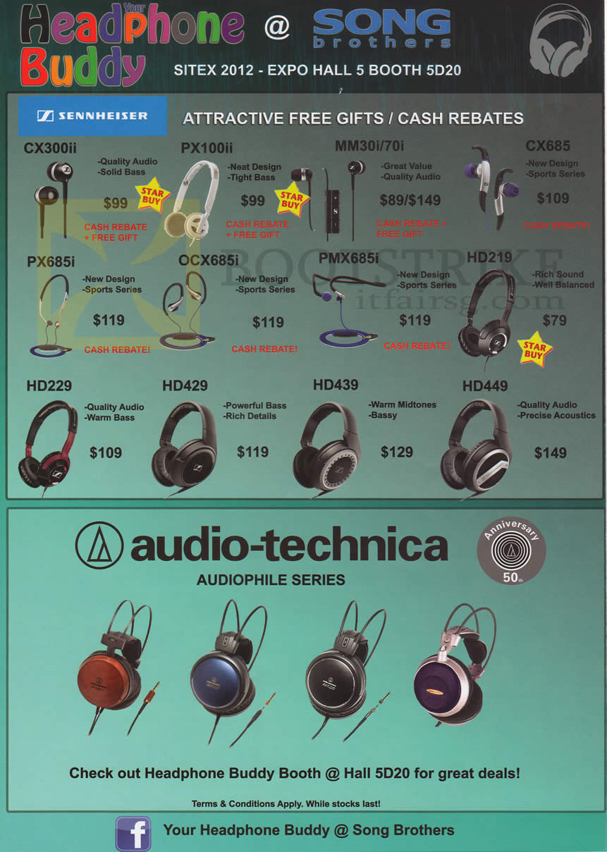 SITEX 2012 price list image brochure of Song Brothers Headphones Sennheiser CX300ii, PX100ii, MM30i, CX685, PX685i, OCX685i, PMX685i, HD219, HD229, HD429, HD439, HD449