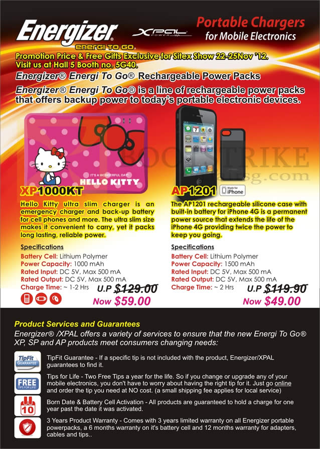SITEX 2012 price list image brochure of Sprint-Cass Energizer Xpal Portable Charger XP1000KT, AP1201