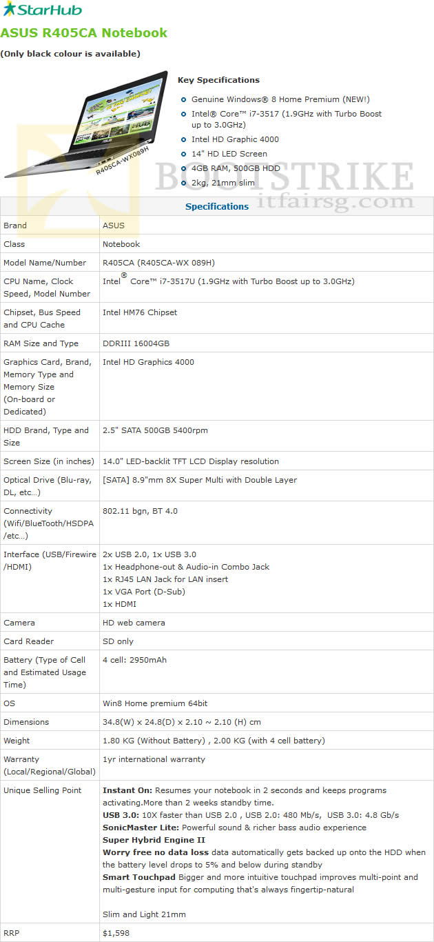 SITEX 2012 price list image brochure of Starhub ASUS R405CA Notebook Specifications