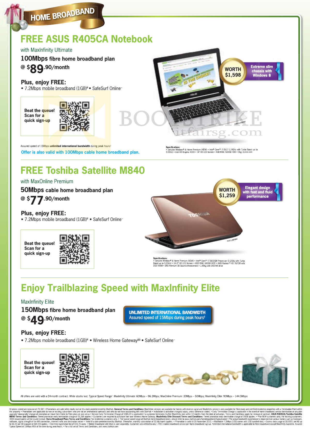 SITEX 2012 price list image brochure of Starhub Broadband MaxInfinity Ultimate Free ASUS R405CA Notebook, Toshiba Satellite M840 MaxOnline Premium, MaxInfinity Elite Fibre Broadband