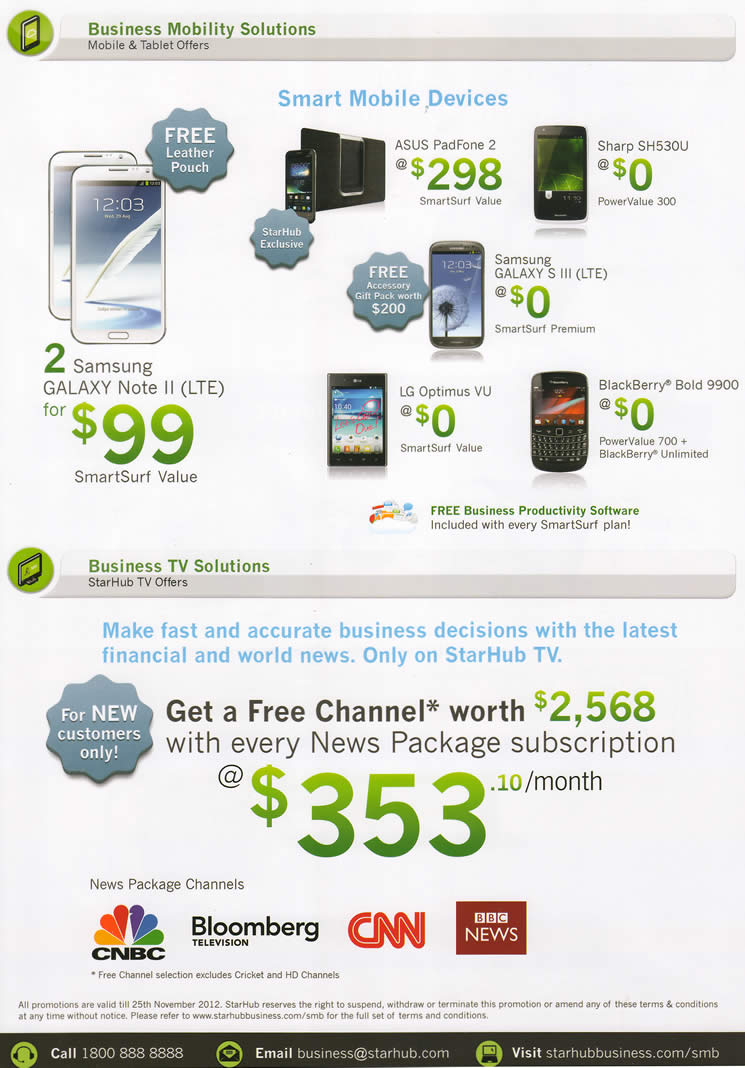 SITEX 2012 price list image brochure of Starhub Business Mobile Phones Asus Padfone2, Sharp SH530U, Samsung Galaxy S III, Note II, LG Optimus VU, Blackberry Bold 9900, TV Solutions