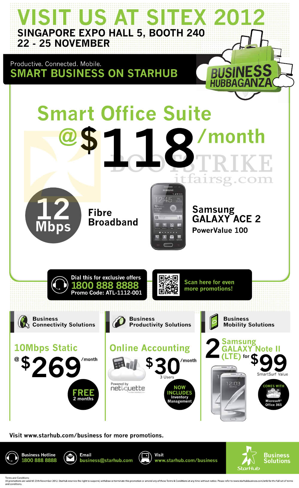 SITEX 2012 price list image brochure of Starhub Business Smart Office Suite, 12Mbps Fibre Broadband, Samsung Galaxy Ace 2, Note II LTE, 10Mbps, Online Accounting