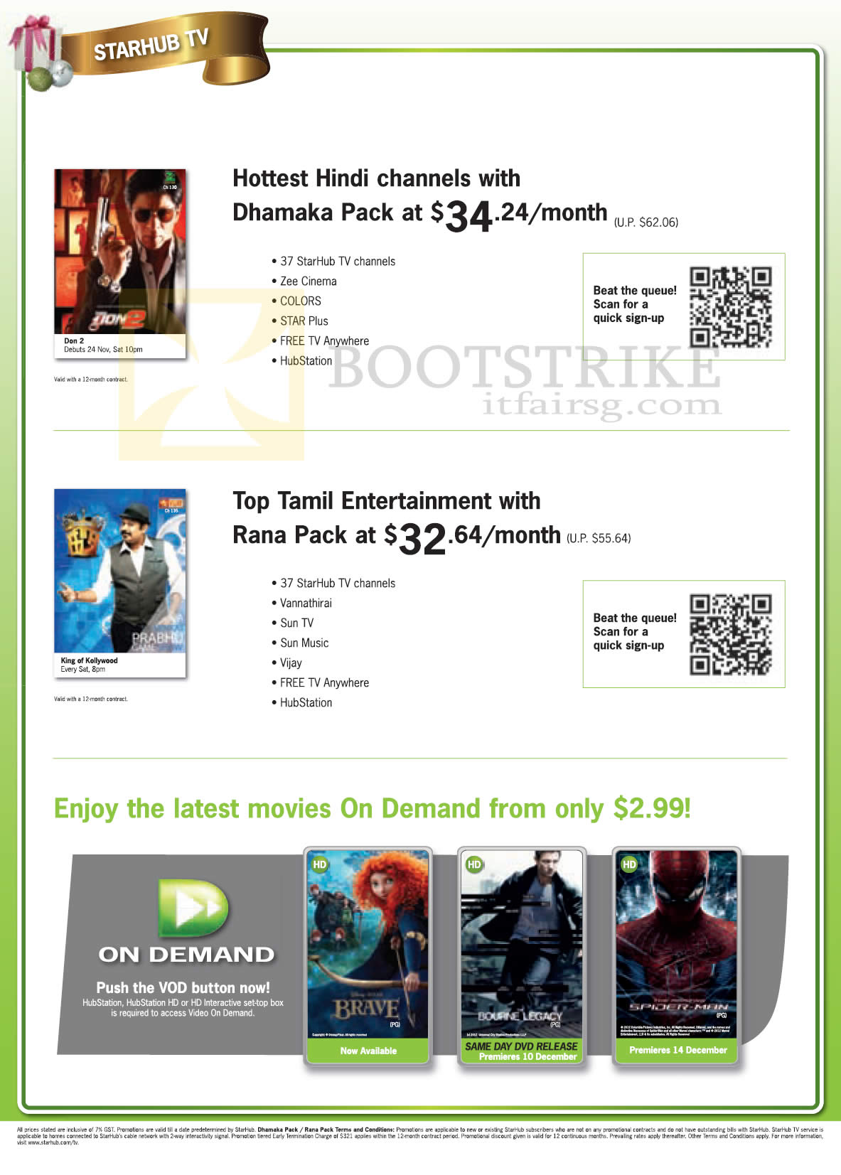 SITEX 2012 price list image brochure of Starhub Cable TV Dhamaka Pack, Rana Pack, Movies On Demand VOD