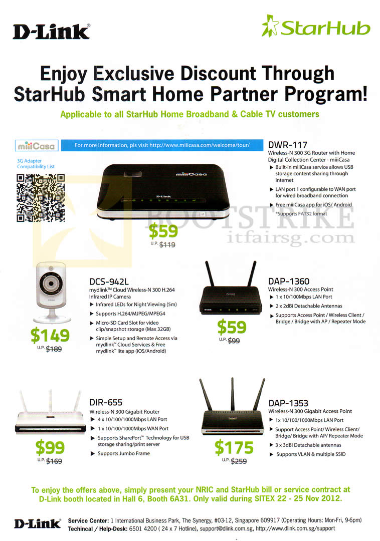 SITEX 2012 price list image brochure of Starhub D-Link Networking DWR-117 Router, DCS-942L IPCam, DAP-1360, DIR-655, DAP-1353
