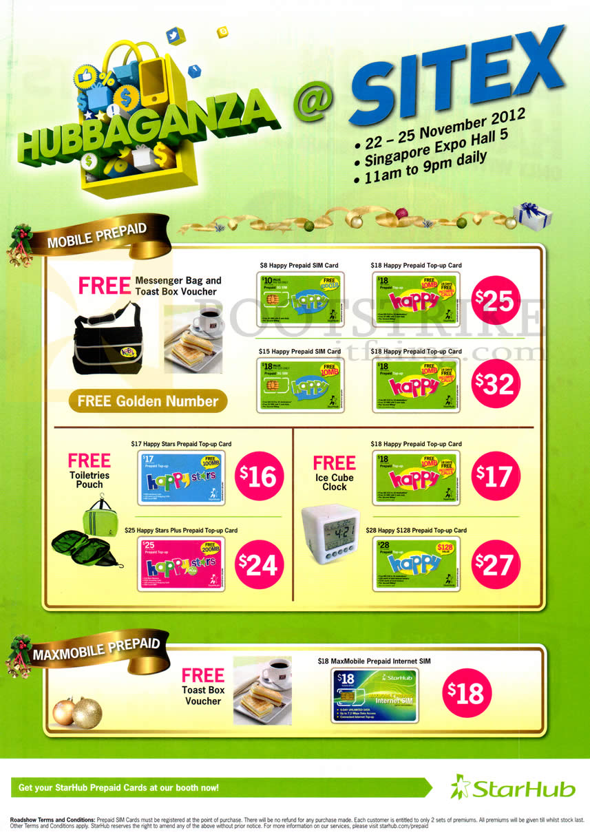 SITEX 2012 price list image brochure of Starhub Prepaid Free Messenger Bag, Toast Box Voucher, Toiletries Pouch, MaxMobile Prepaid