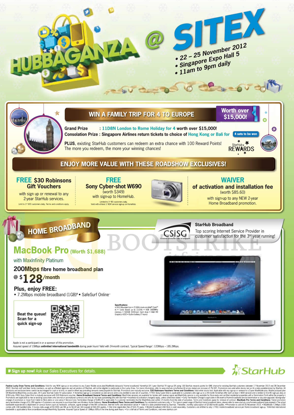 SITEX 2012 price list image brochure of Starhub Roadshow Specials Broadband Free Apple Macbook Pro MaxInfinity Platinum Fibre Broadband, Free Robinsons Vouchers, Sony Cybershot W690, Waiver
